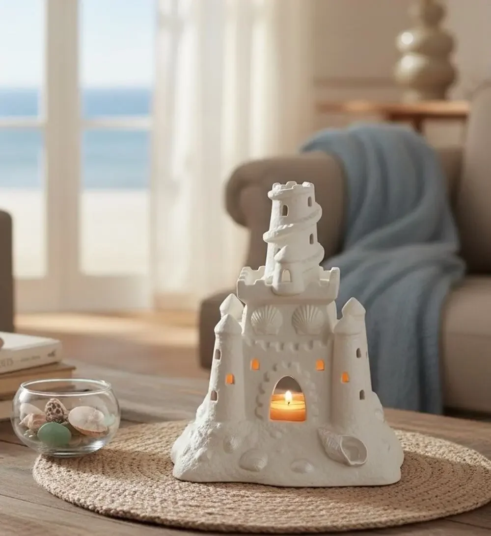 PartyLite Bisque Porcelain Sandcastle Beach House Decor Tea Light Candle Holder